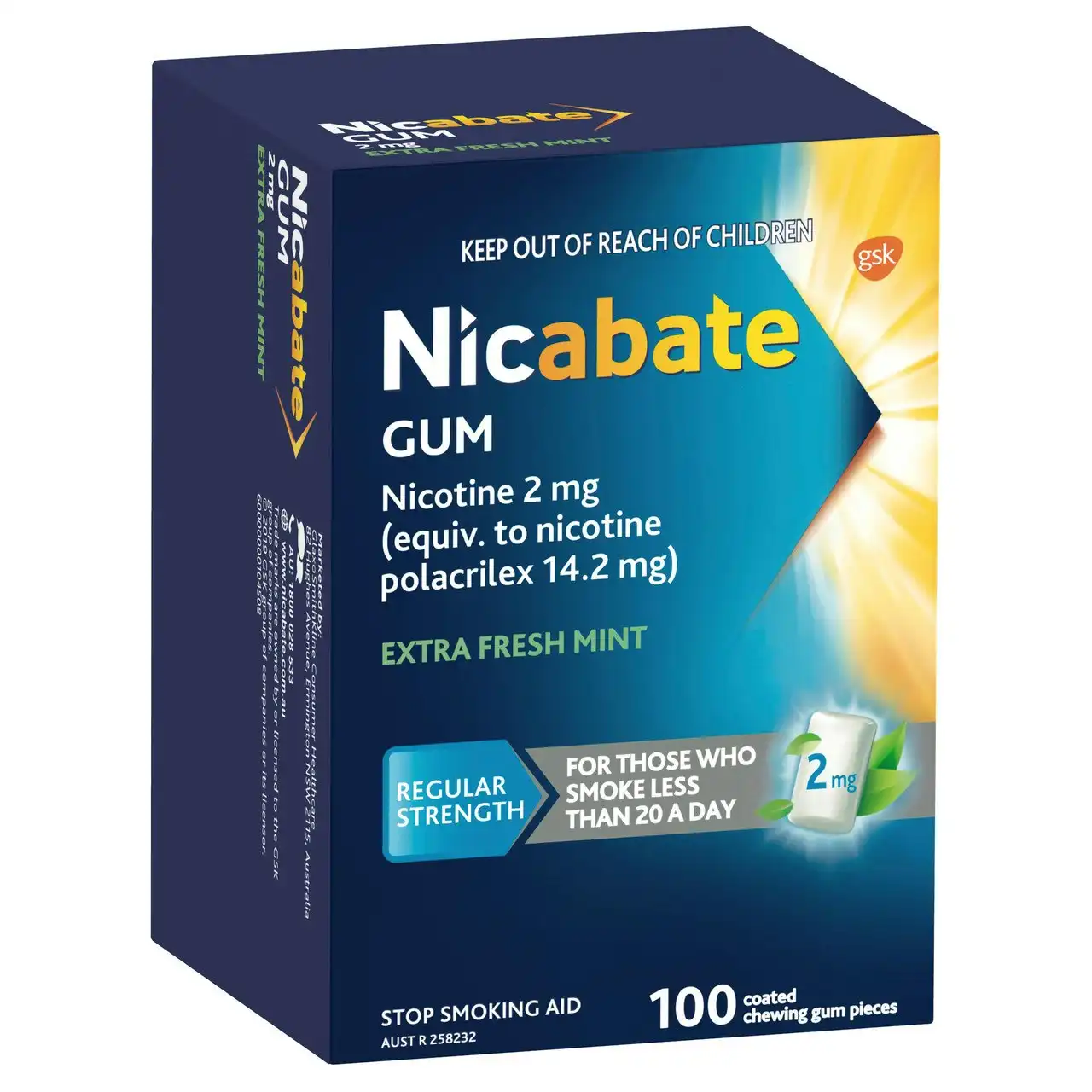 Nicabate Gum Stop Smoking Nicotine 2mg Regular Strength Extra Fresh Mint Coated Chewing Gum 100 Pack