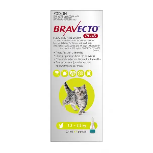 Bravecto Plus Cat Spot On Treatment 1.2kg -2.8kg 1 Pipette