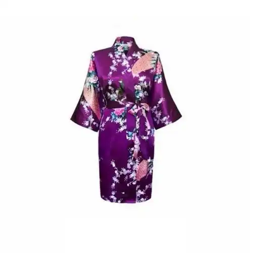 Bride Bridesmaid Gown Robe Satin Long Floral Kimono Bridal Wedding Purple