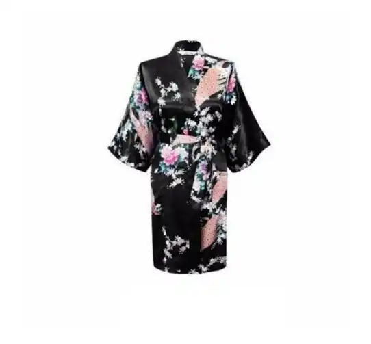 Bride Bridesmaid Gown Robe Satin Long Floral Kimono Bridal Wedding Black