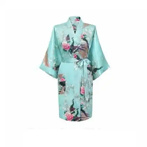 Bride Bridesmaid Gown Robe Satin Kimono Short Floral Bridal Wedding Light Blue