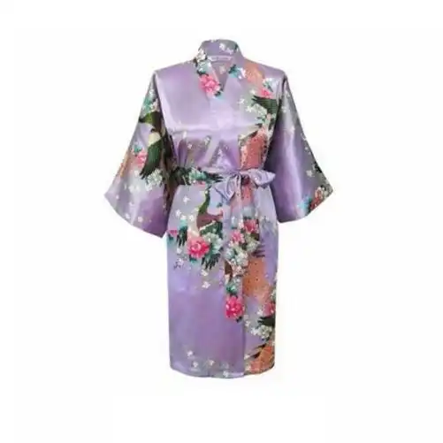 Bride Bridesmaid Gown Robe Satin Kimono Short Floral Bridal Wedding Violet