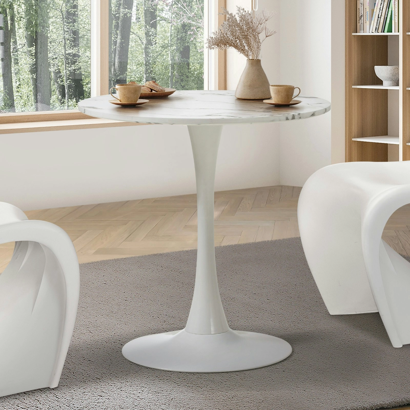 Oikiture 60cm Dining Table Kitchen Marble Tulip Round Metal Leg White