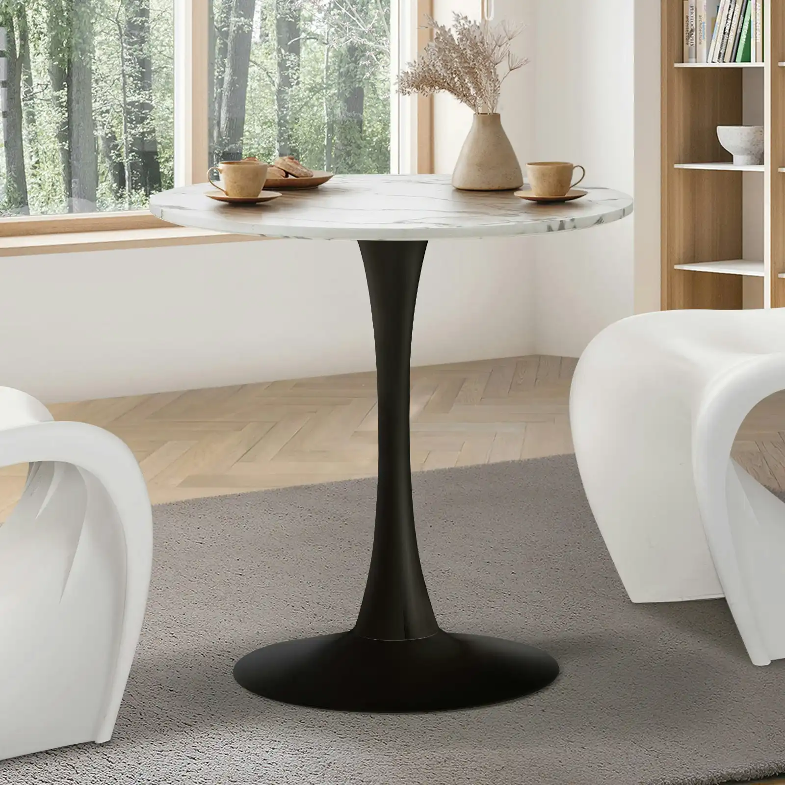 Oikiture 60cm Dining Table Kitchen Marble Tulip Round Metal Leg White&Black