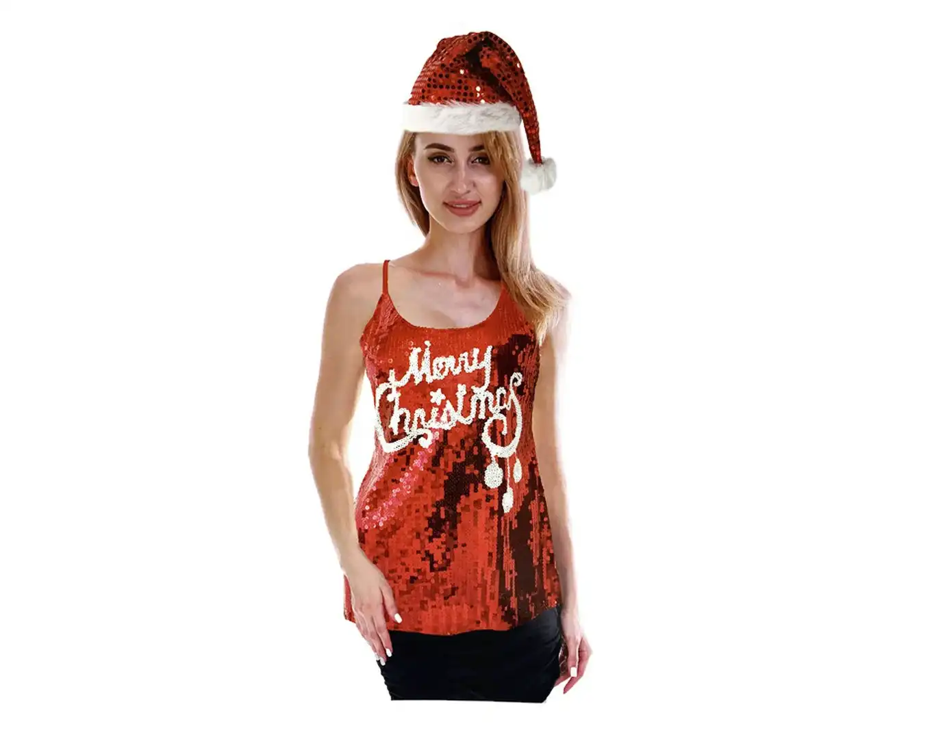 Womens Merry Christmas Sequin Singlet Camisole Cami Costume Party Xmas