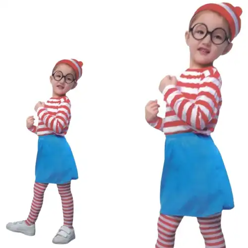 Kids Wheres Wally COSTUME FULL SET Party Hat Shirt Top Pants Girls Book Week