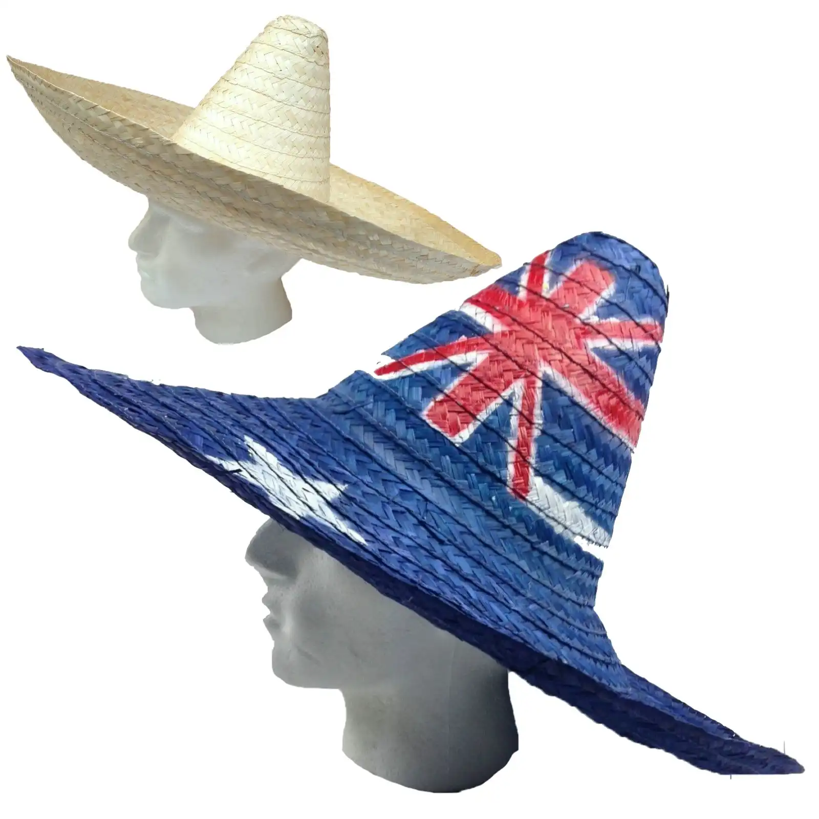 2x Mexican Sombrero Hat Australian Aussie Flag & Beige Design Costume Party Hat