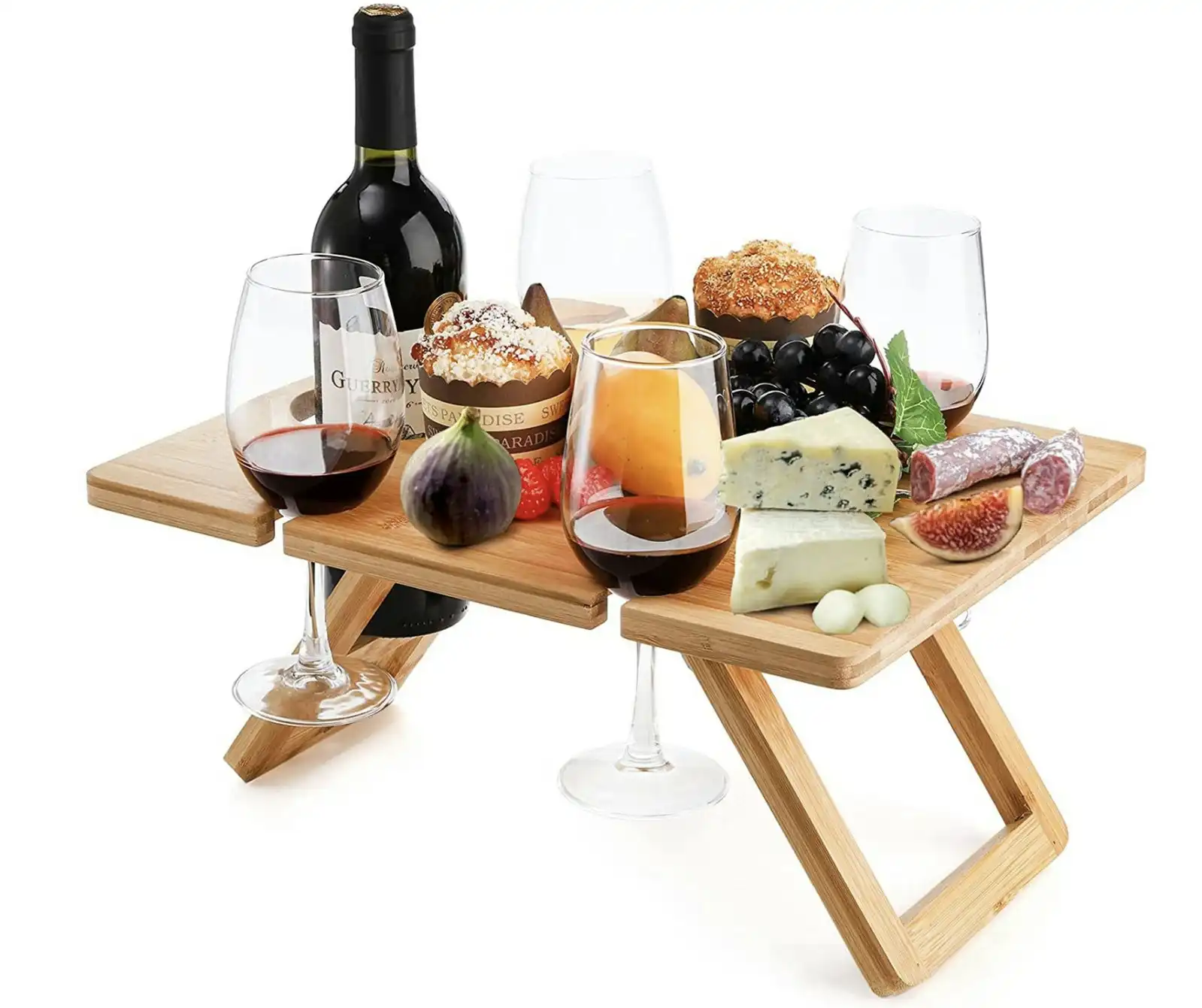 Bamboo Folding Picnic Table, Wine and Snack Table