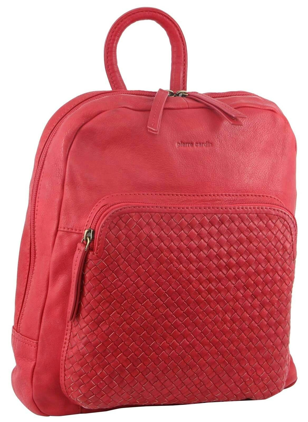 Pierre Cardin Womens Woven Soft Leather Backpack Bag Travel Designer - Red