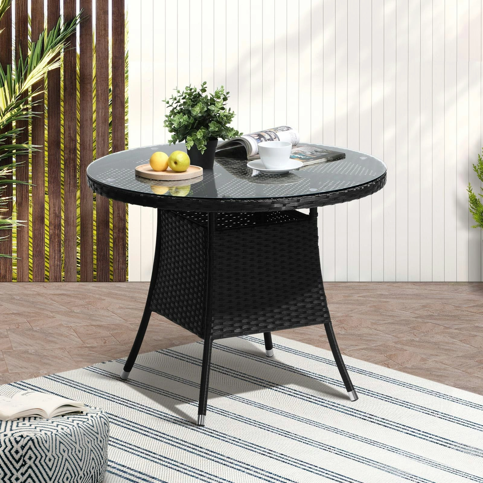 Livsip Outdoor Dining Table 90CM Round Rattan Glass Table Patio Furniture Black