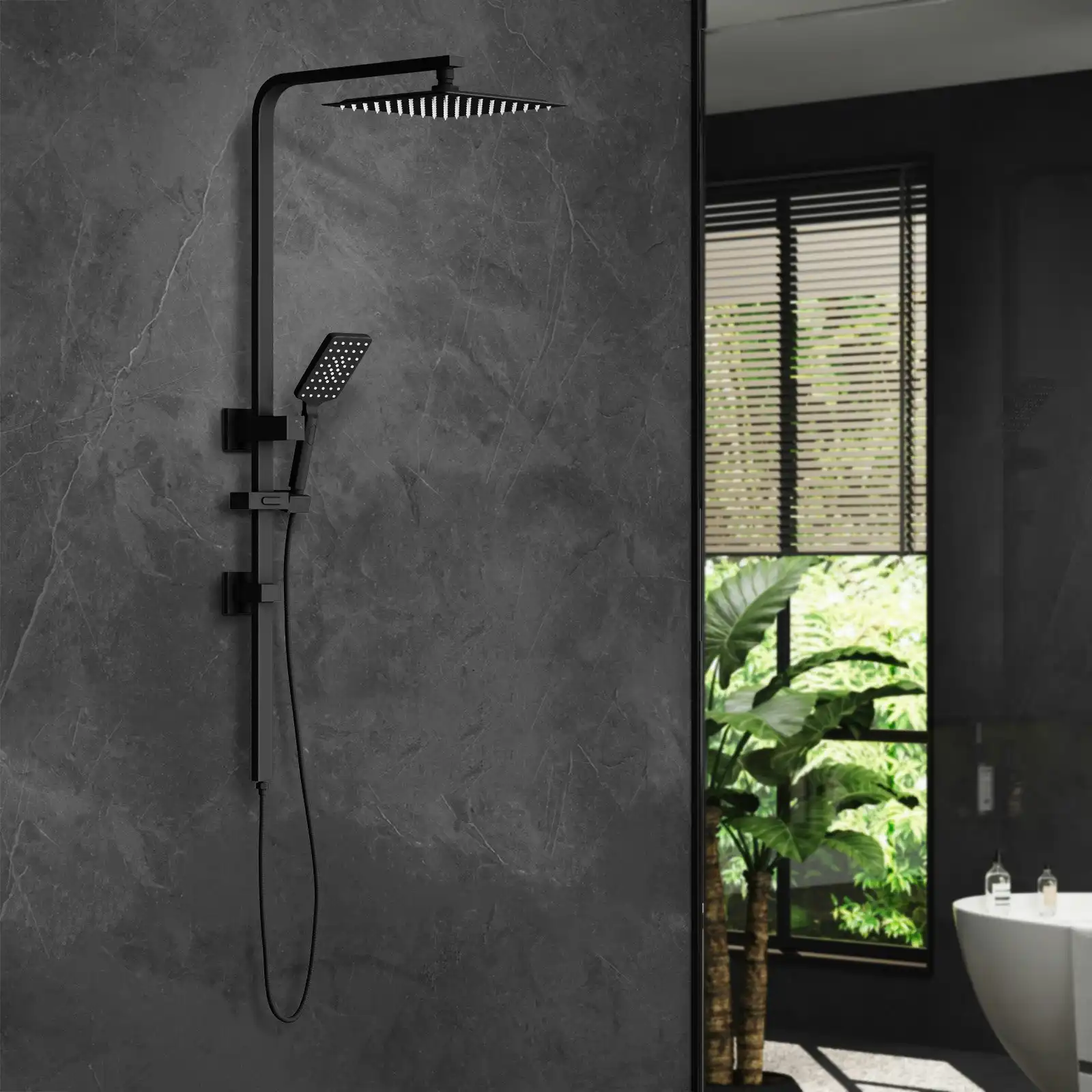 Welba 250mm Rain Shower Head Set Square 3-Mode Handheld Shower Rail Set Black