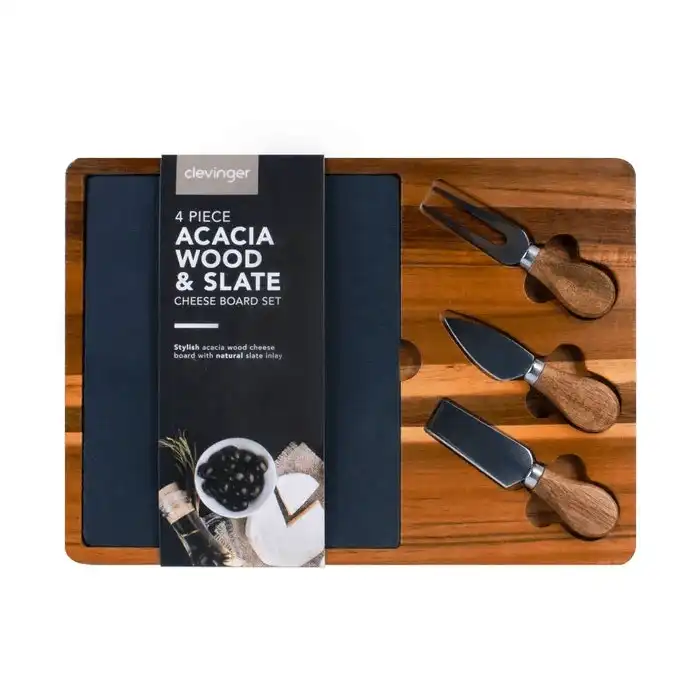 Clevinger 4 Piece Acacia Wood & Slate Cheese Board With Knife Set