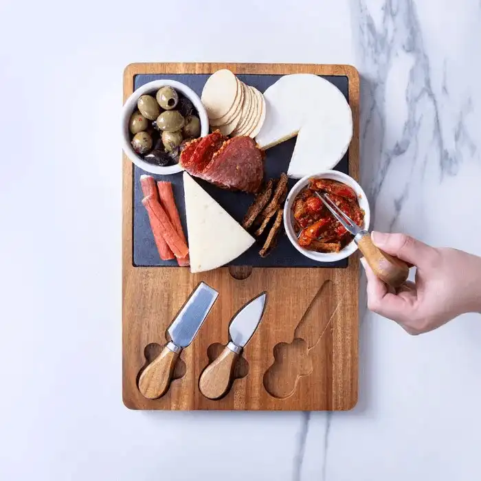 Clevinger 4 Piece Acacia Wood & Slate Cheese Board With Knife Set