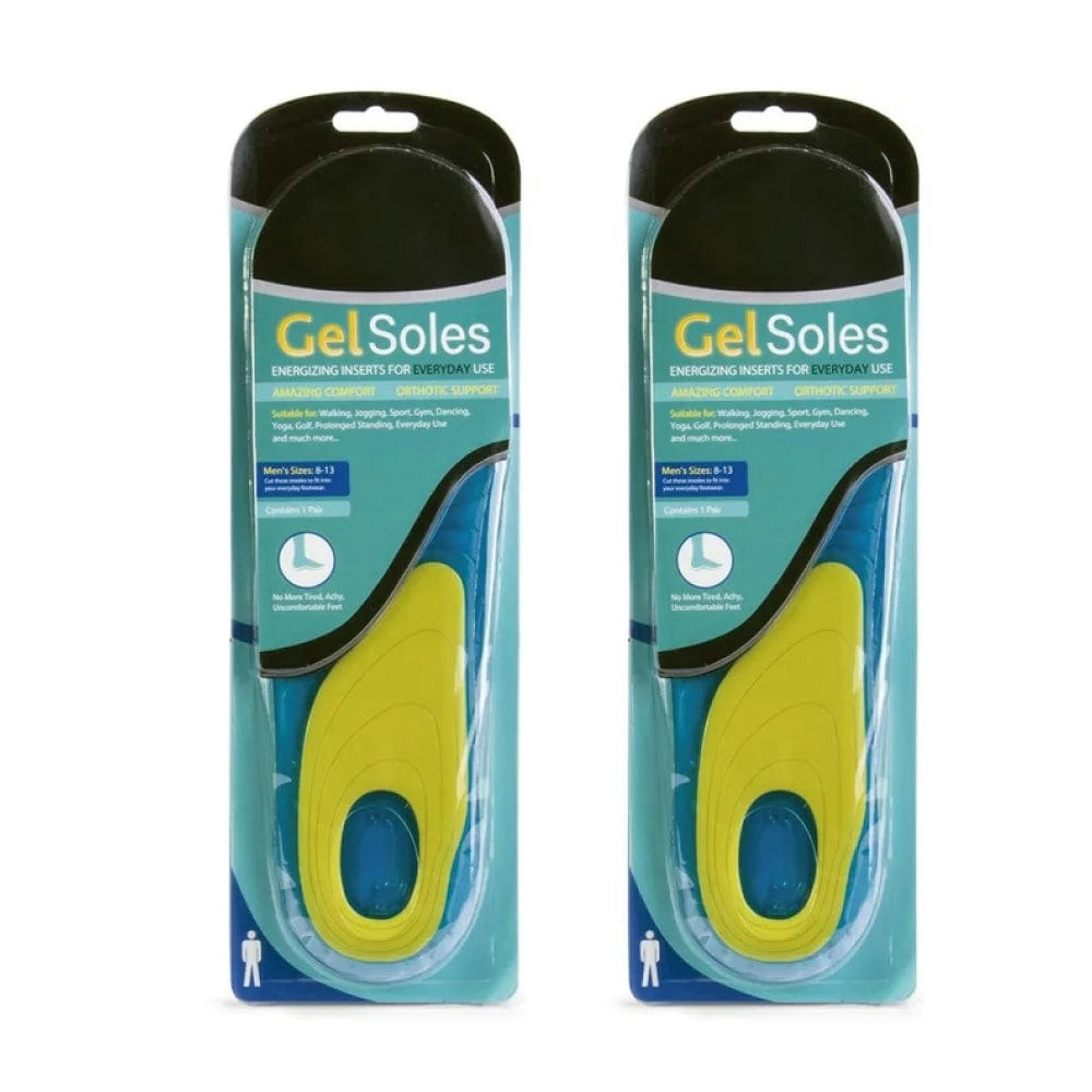 2x Men's Gel Insoles, Arch Support Pads, Large