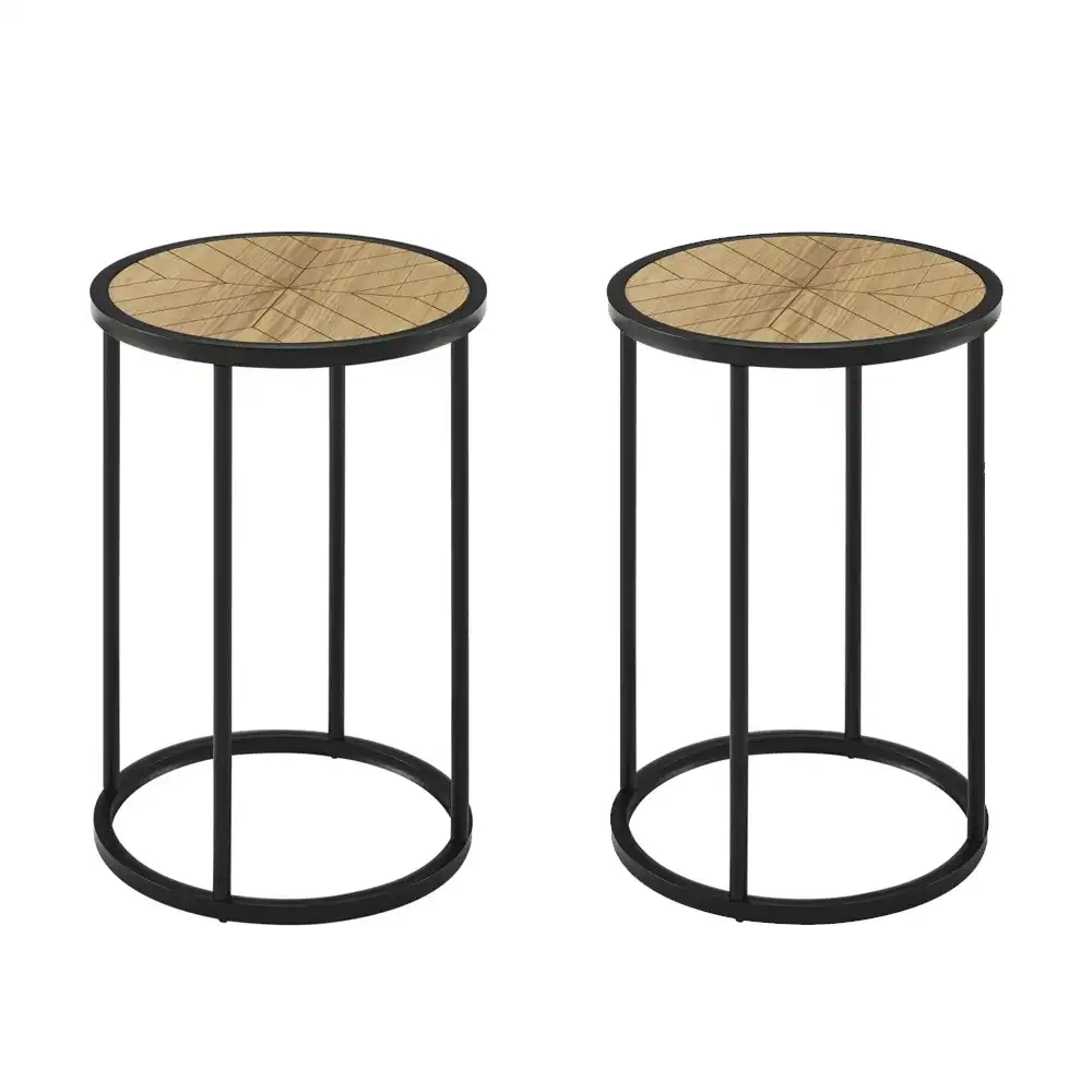 Set Of 2 Chevron Round Wood Top Metal Frame End Lamp Side Table - Black & Ash Veneer