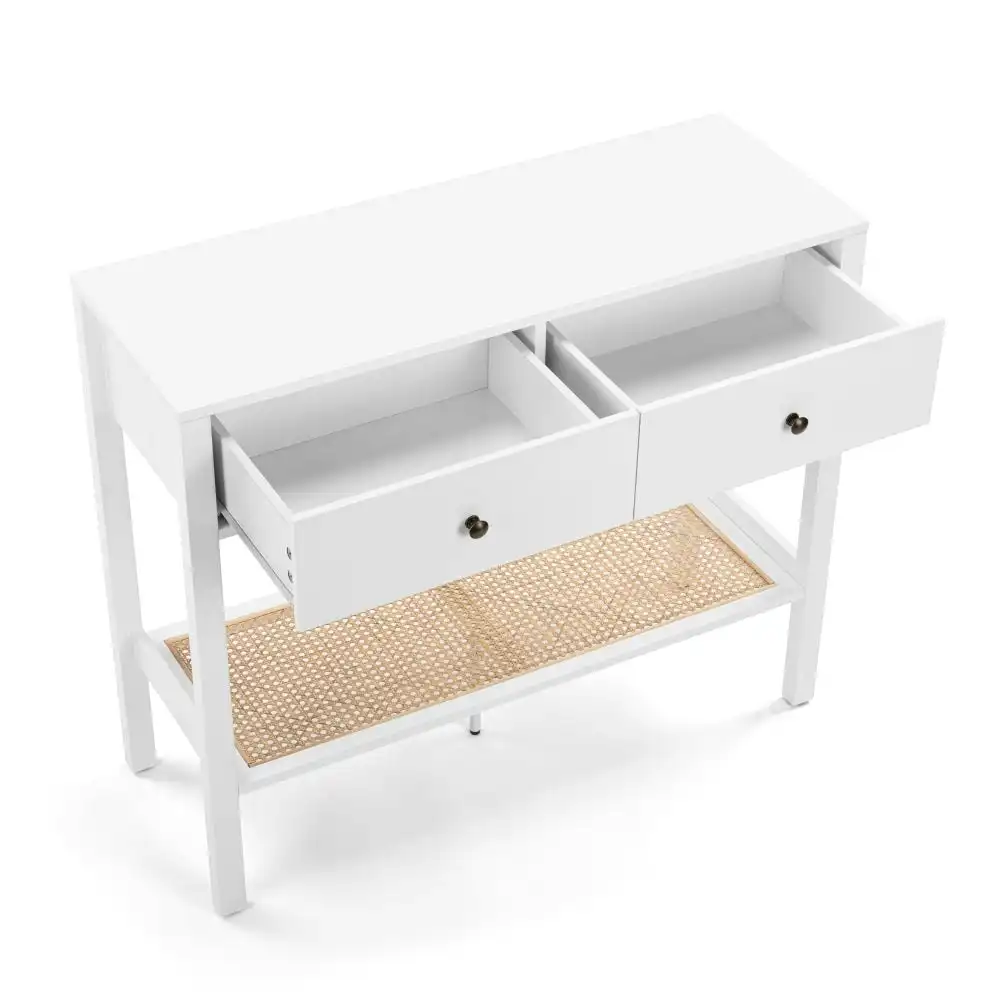Azriel Wooden Hallway Console Hall Table W/ 2-Drawers - White/Rattan