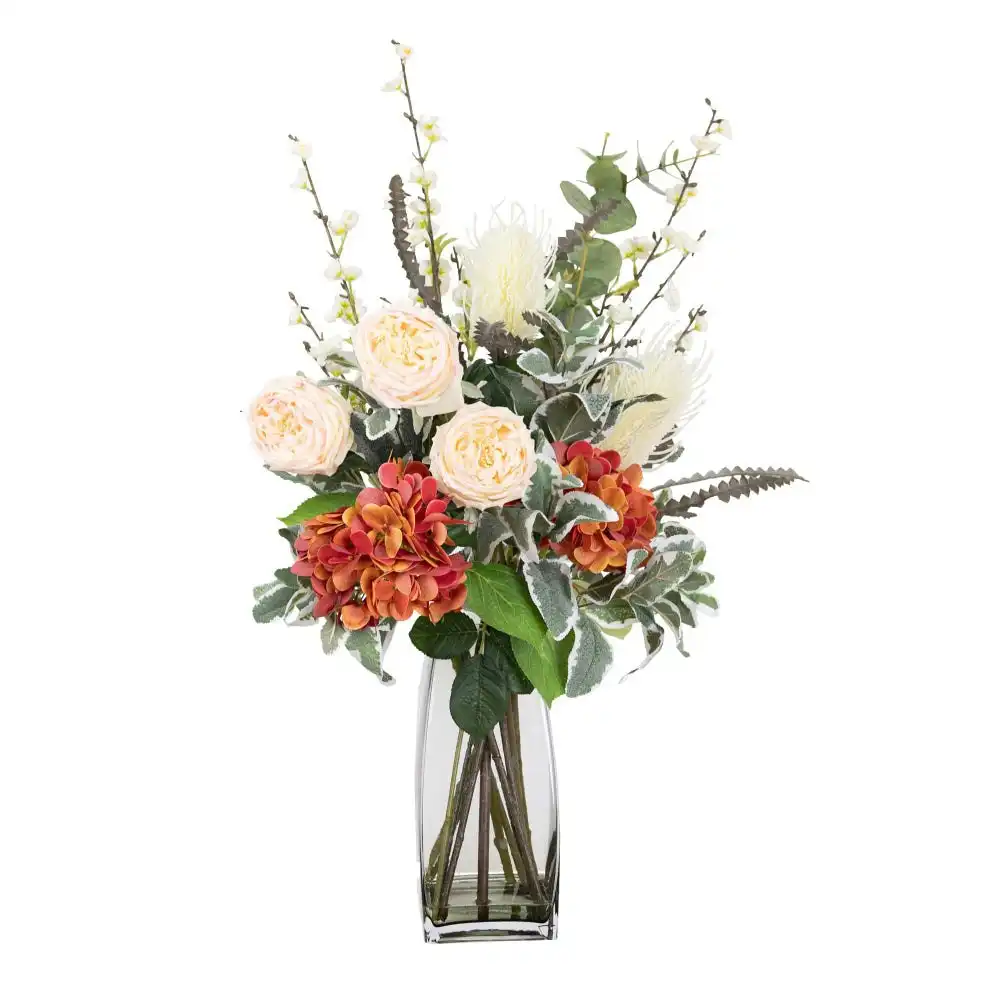 Glamorous Fusion Hydrangea & Banksia Artificial Plant Arrangement 80cm In Glass - Multi Color