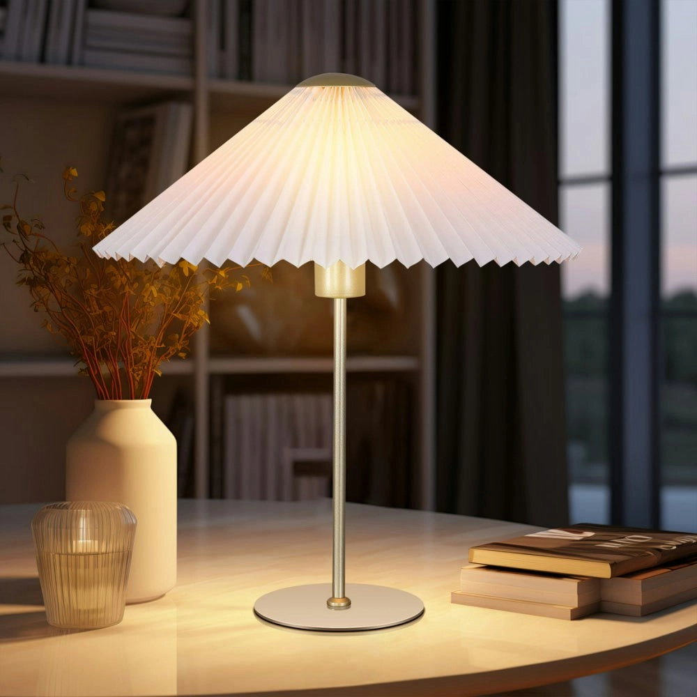 Go Bright Pleated Classic Metal Table Lamp Light Fabric Umbrella Shade - White and Gold