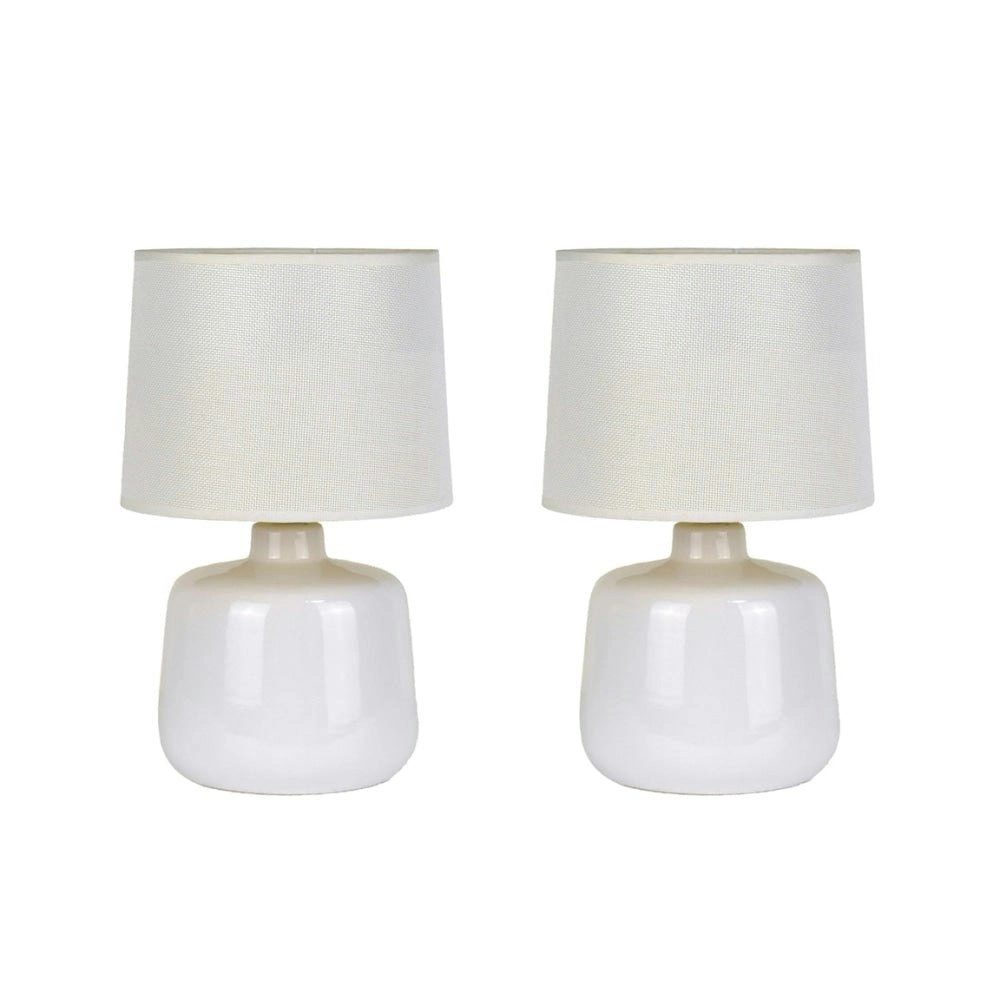 Bright Nurture Set of 2 Minimalist Ivory Ceramic Table Lamp Light Linen Drum Shade - White