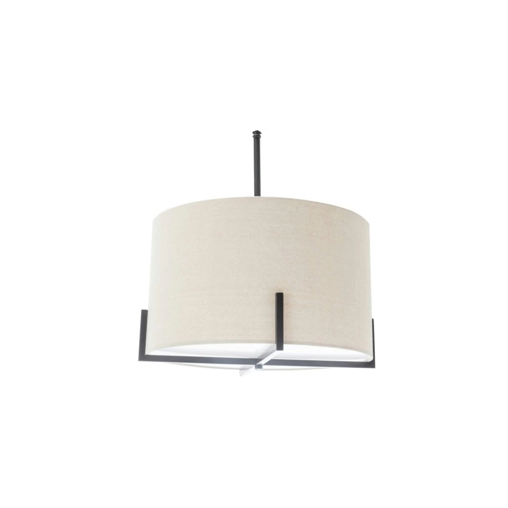 New Oriental Kay Matte Black Square-Edged Metal Pendant Hanging Lamp Off White Linen Shade