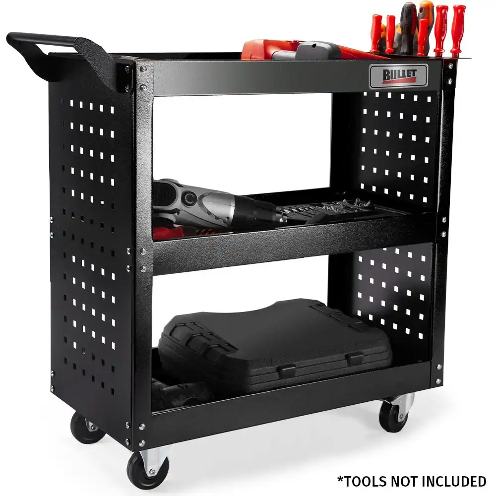 Bullet 3-Tier Steel Tool Trolley Cart, for Workshop, Mechanic, with Pegboard, Screwdriver Bay, Black