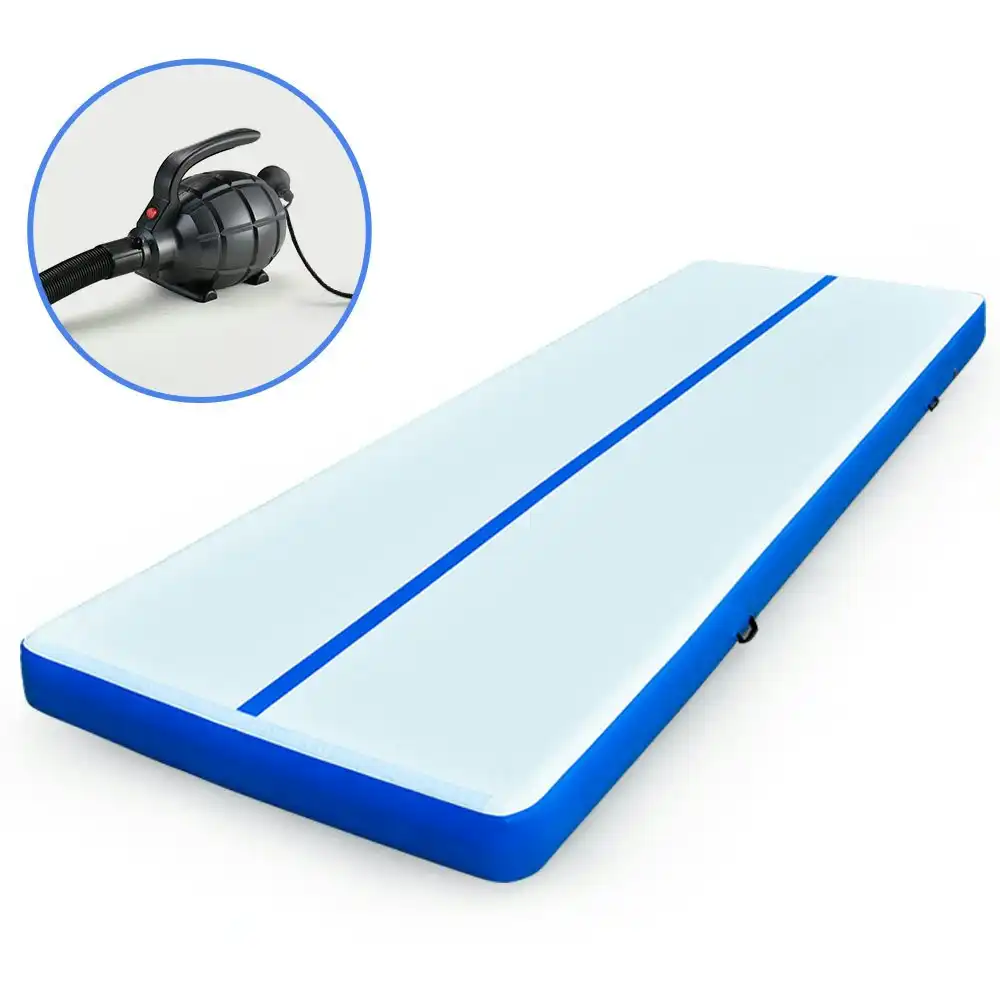 Proflex 800x100x10cm Inflatable Air Track Mat Tumbling Gymnastics, Blue & White, with Electric Pump