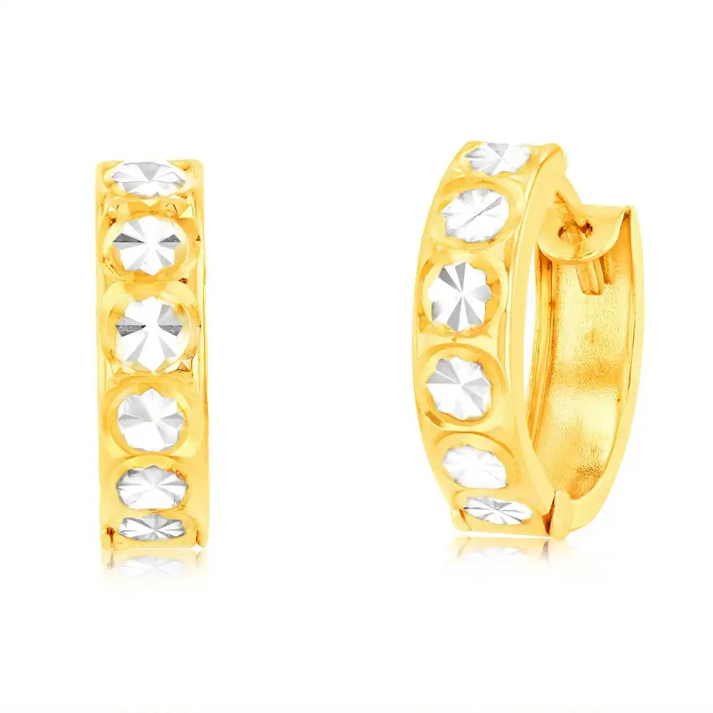 9ct Yellow Gold Huggie Hoop Earrings with diamond cut feature with Rhodium