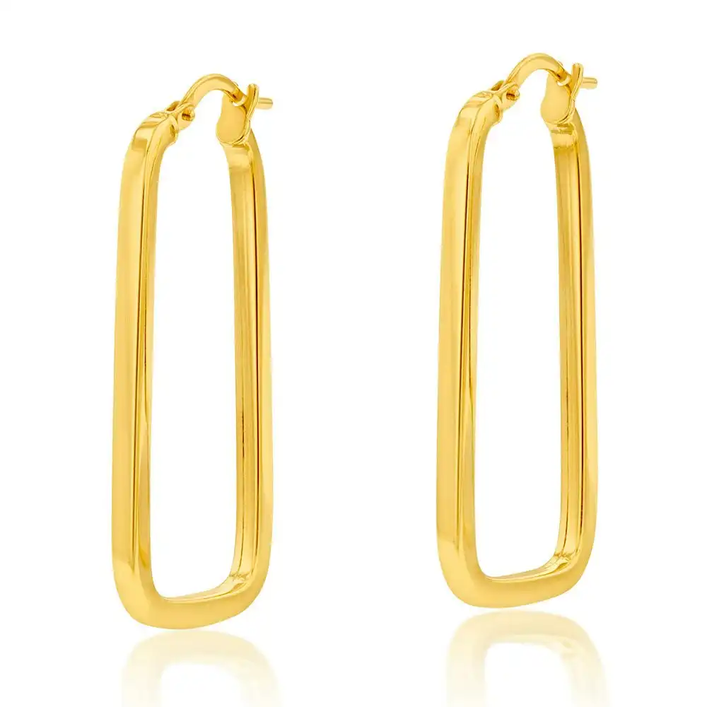 9ct Yellow Gold Silverfilled Square Tube Rectangle 12 X 29mm Hoop Earrings