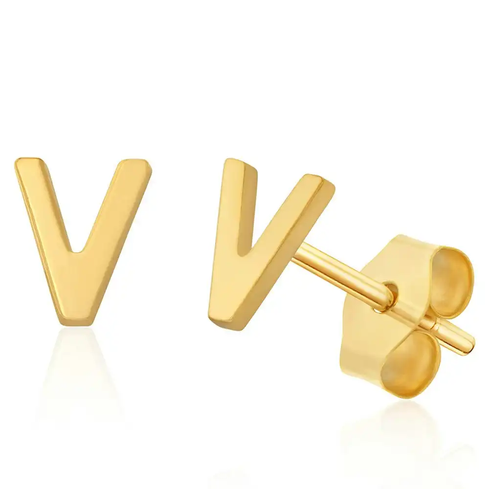 9ct Yellow Gold Mini Initial "V" Stud Earrings