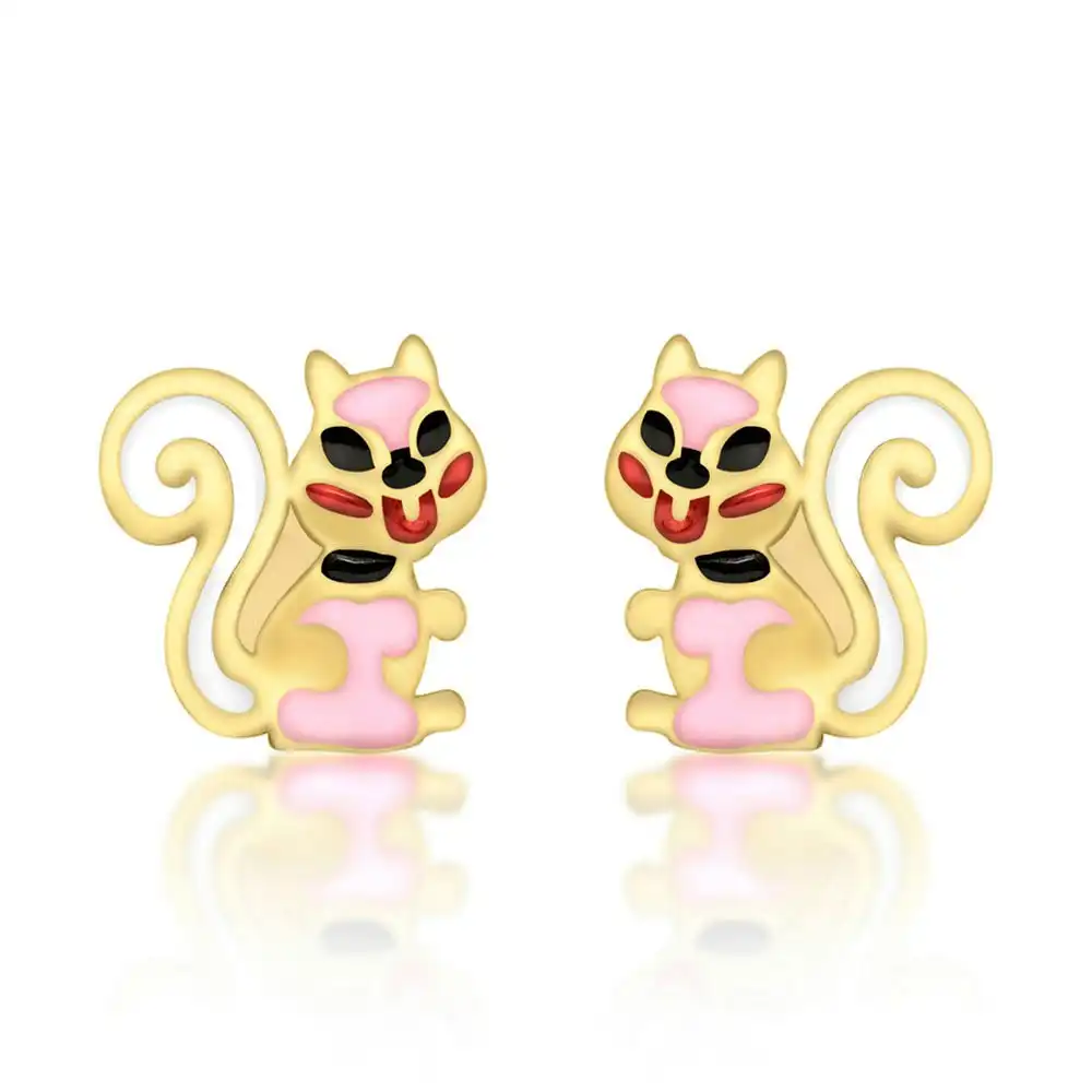 9ct Yellow Gold Enamel Squirrel Stud Earrings