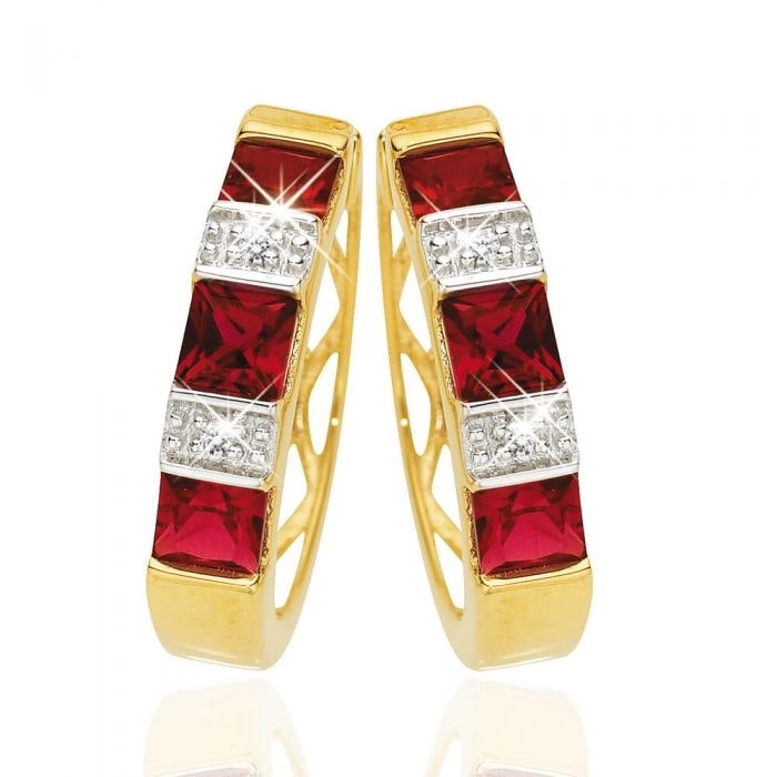 9ct Yellow Gold Created Ruby + Diamond Hoop Earrings