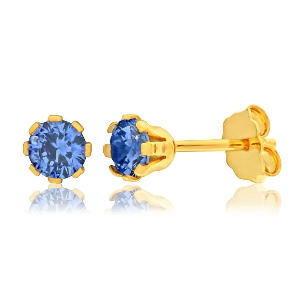 9ct Yellow Gold Silver Filled Blue Cubic Zirconia 4mm Stud Earrings