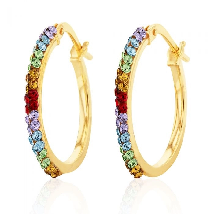 9ct Silverfilled Yellow Gold Rainbow Multi Colour Crystal 15mm Hoop Earrings