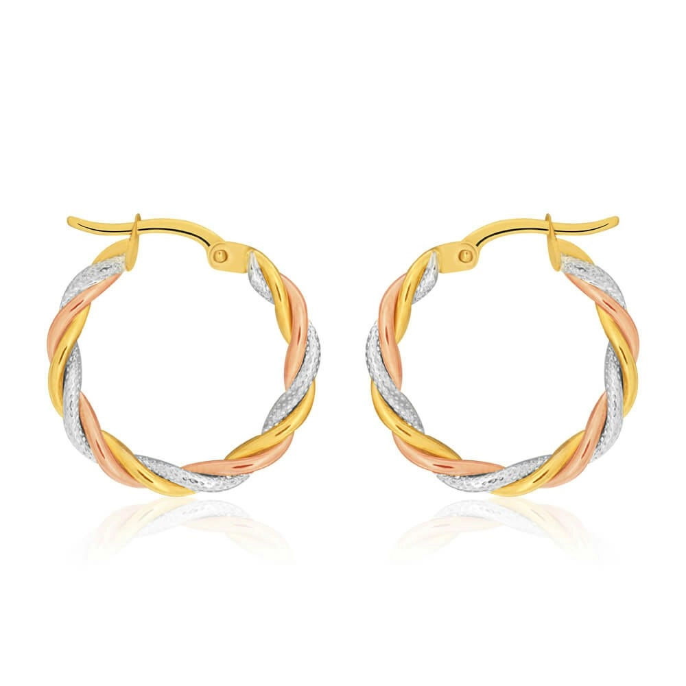 9ct Yellow, Rose & White Gold Hoop Earrings 3 tube twist