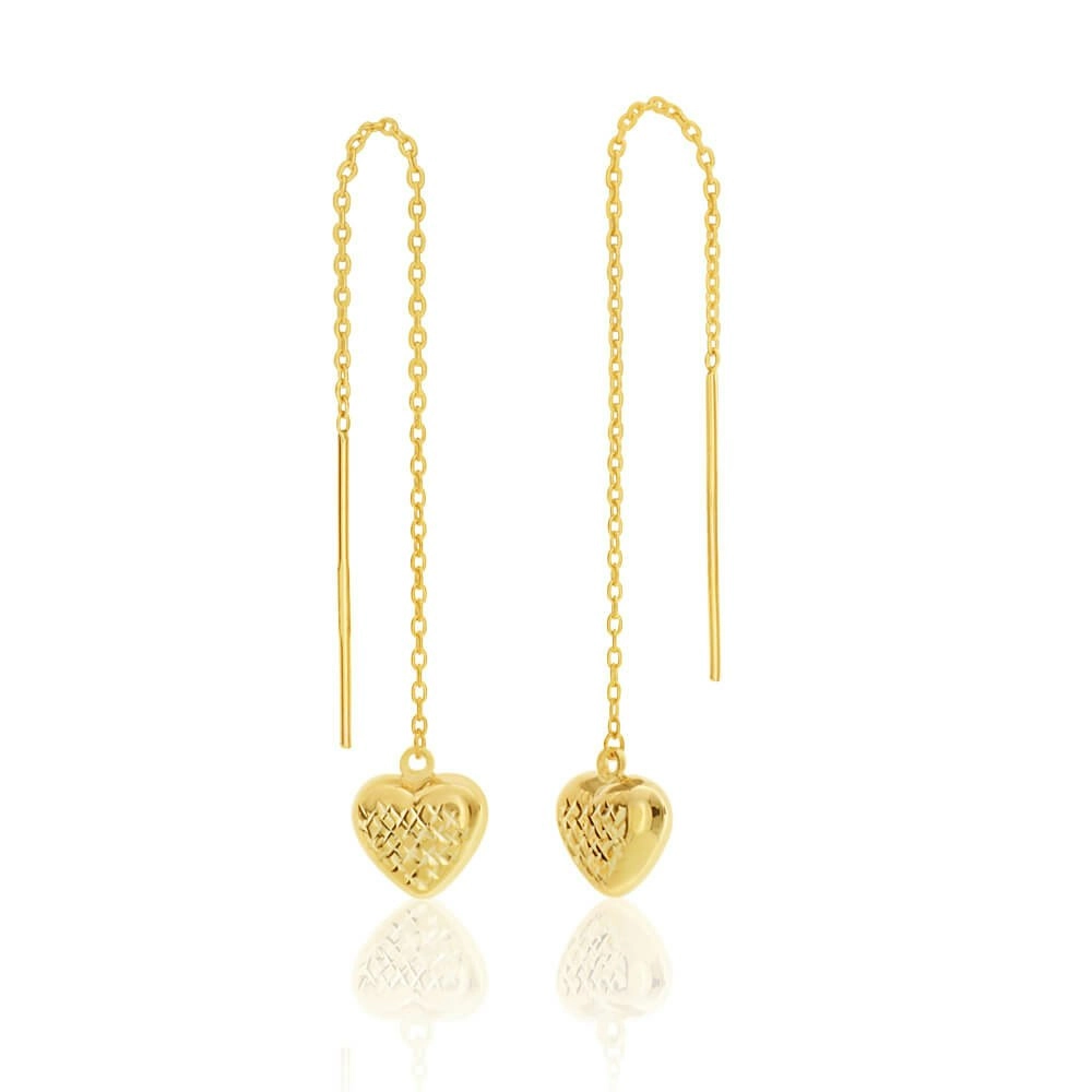 9ct Yellow Gold Silver Filled Heart Long Thread Drop Earrings