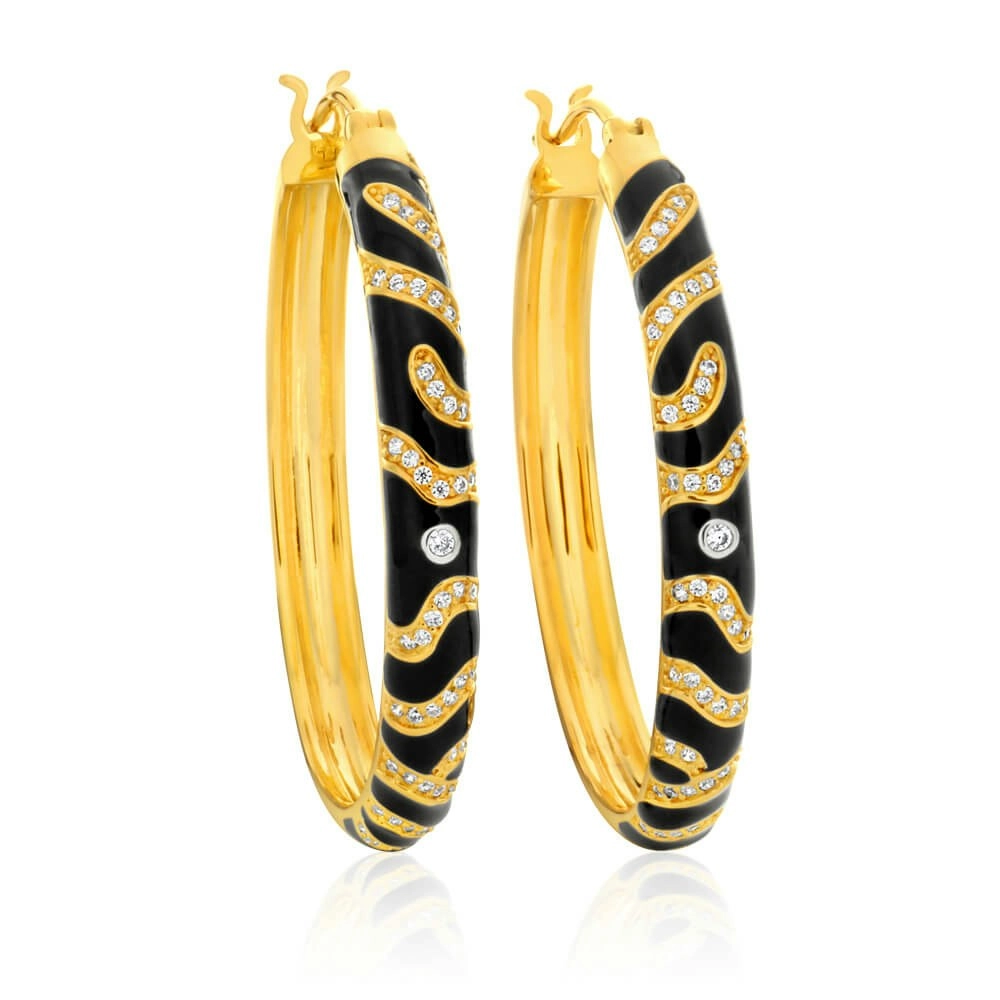 Gold Plated Cubic Zirconia and Black Enamel Hoop Earrings