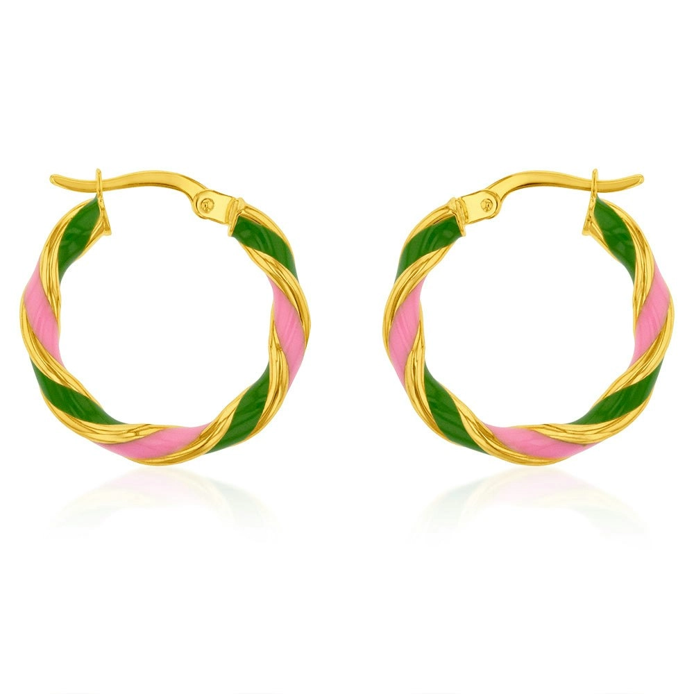 9ct Yellow Gold Silverfilled 15mm Pink And Green Enamel On Twisted Hoop Earrings