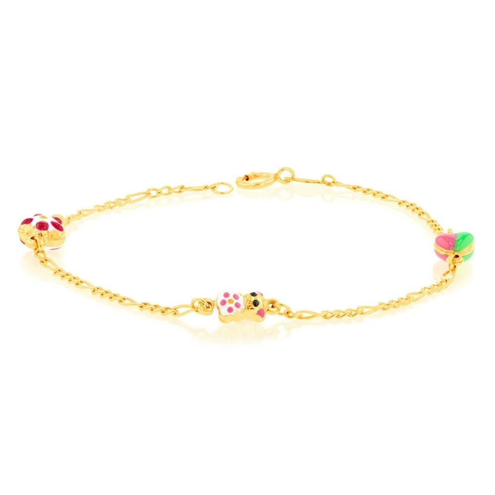 9ct Yellow Gold Figaro 1:3 Heart Kids Beads 15cm Bracelet