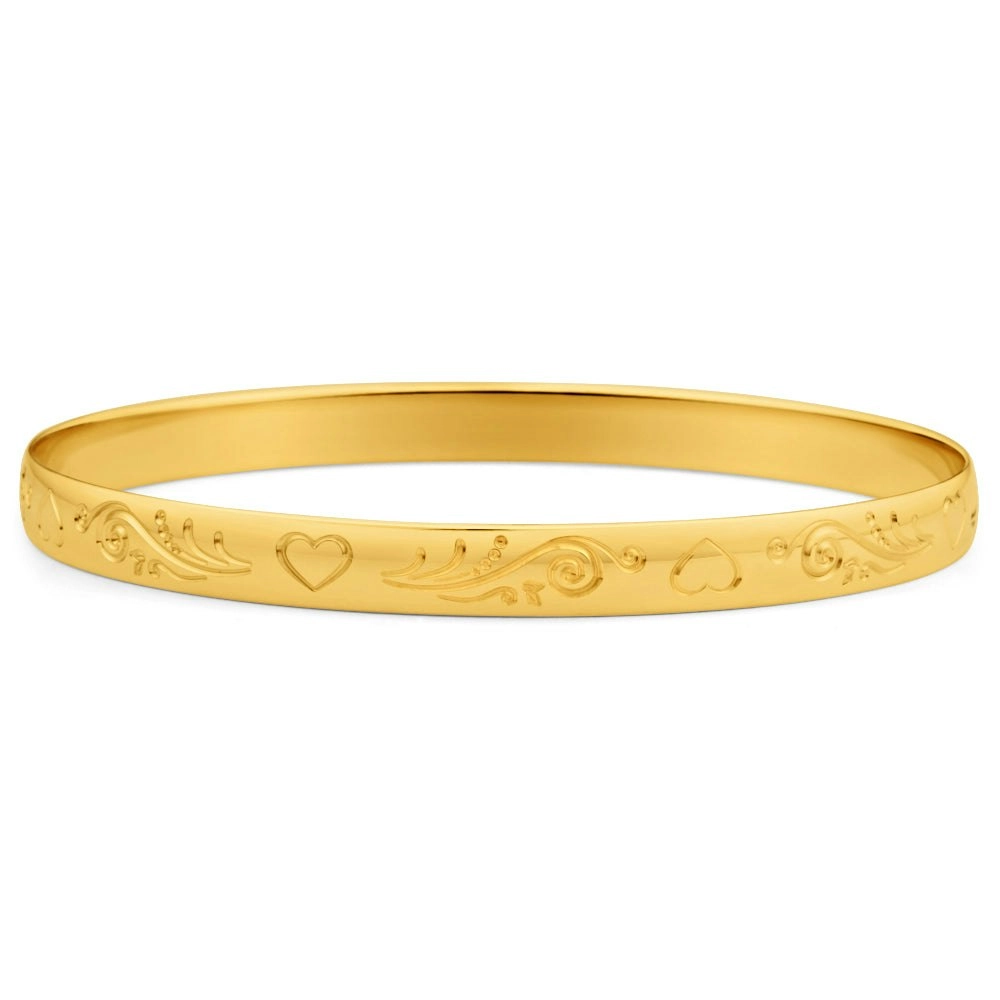 9ct Yellow SOLID Gold Engraved Heart Pattern Bangle