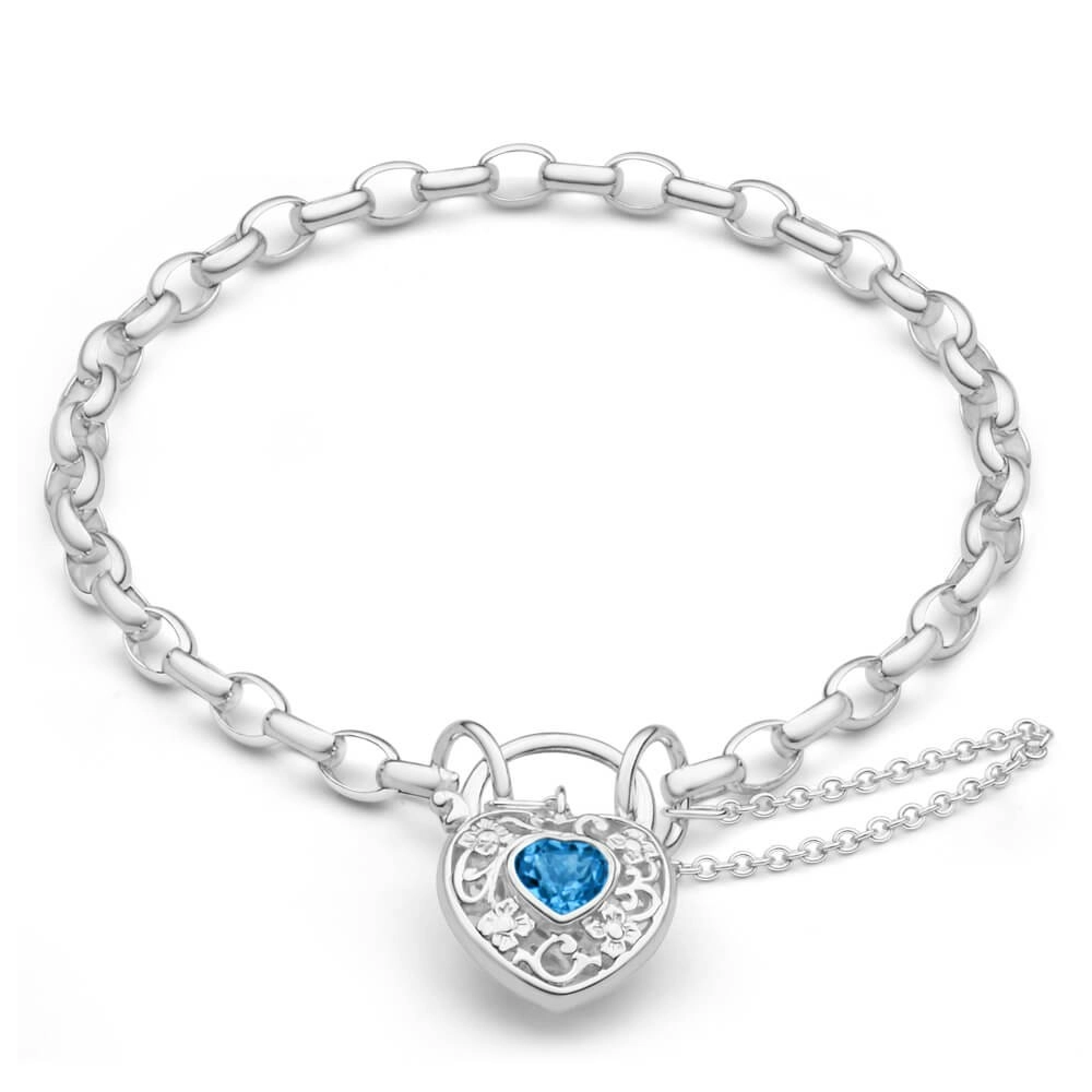 Sterling Silver Blue Topaz Belcher Link 19cm Padlock Bracelet