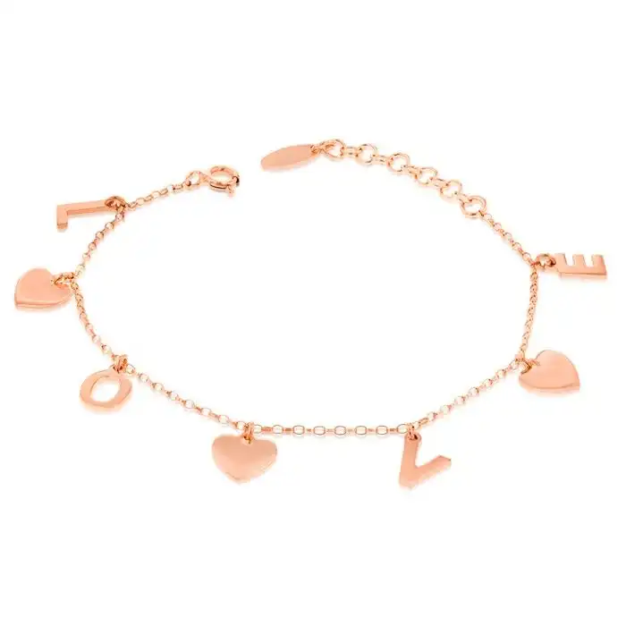 Sterling Silver Rose Gold Plated Love Charm 15.8+2.5cm Bracelet