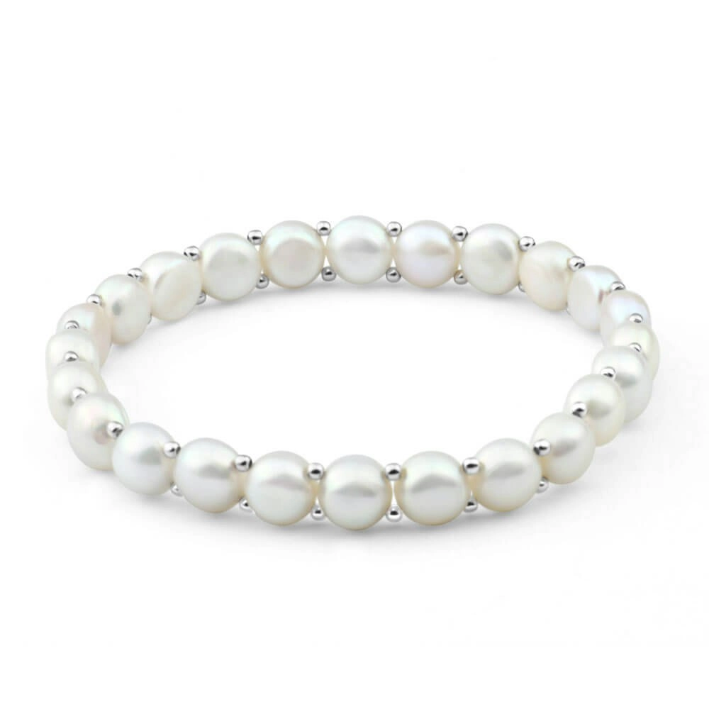 White Freshwater Flat Pearl Stretch Bracelet with Sterling Silver Beads