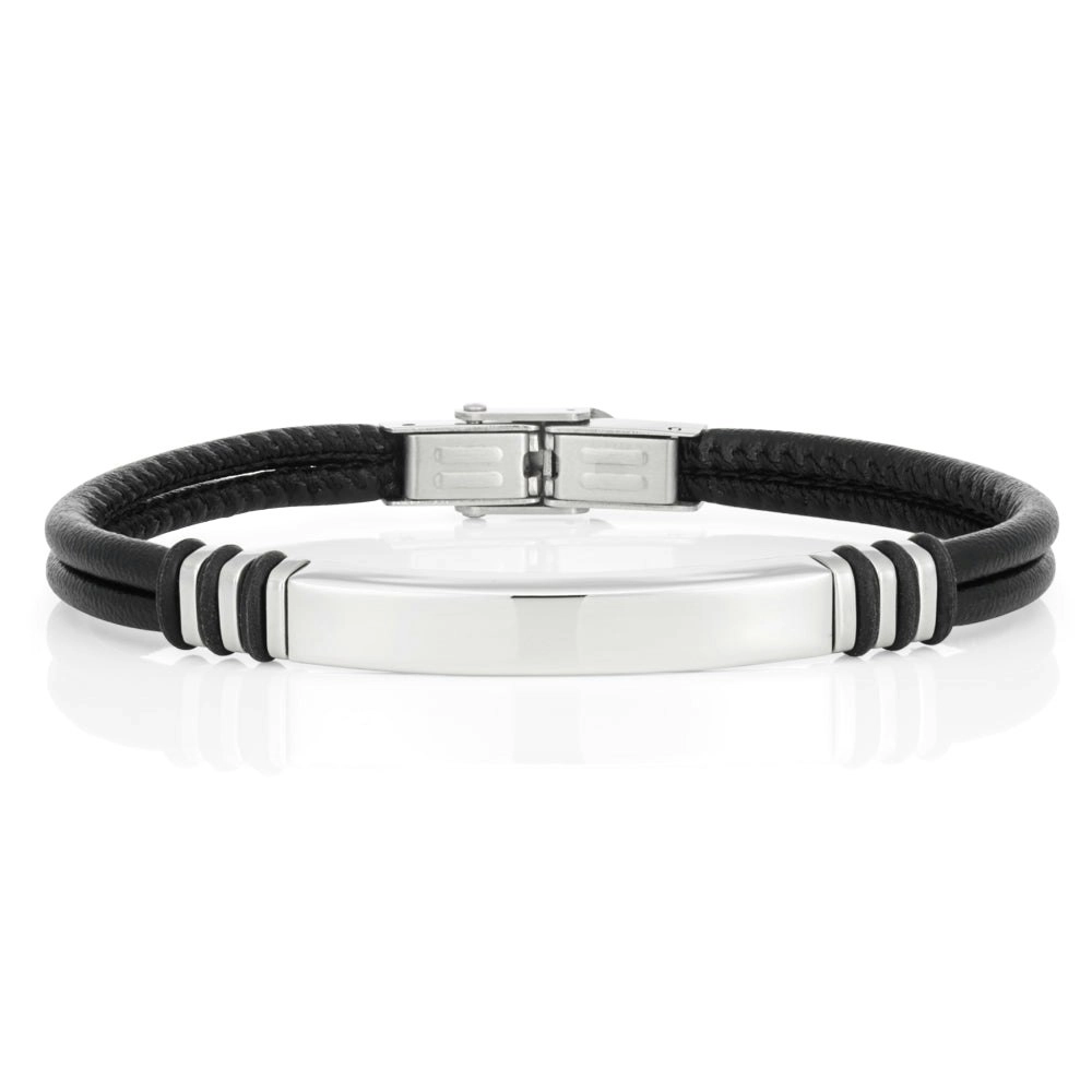 Stainless Steel Black Leather 21cm Bracelet