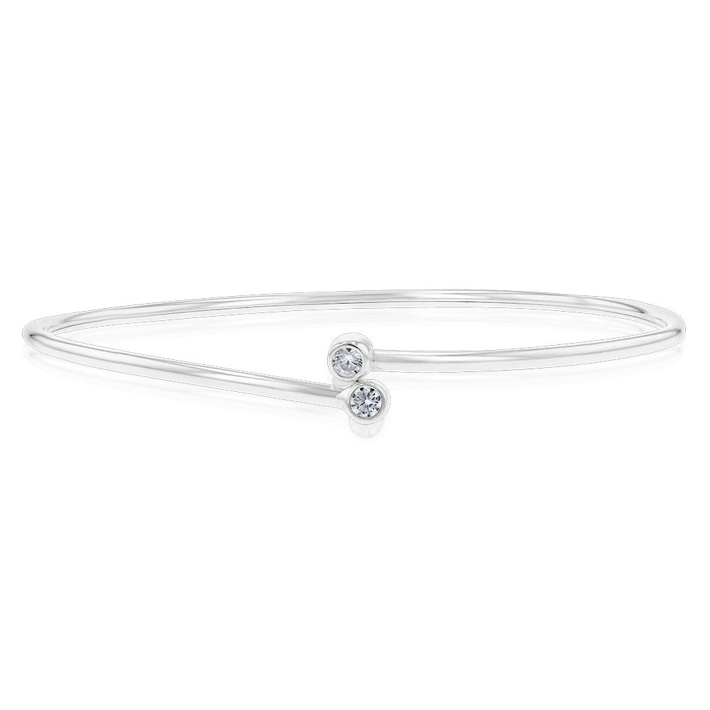 Sterling Silver Cubic Zirconia On Plain Adjustable Bangle