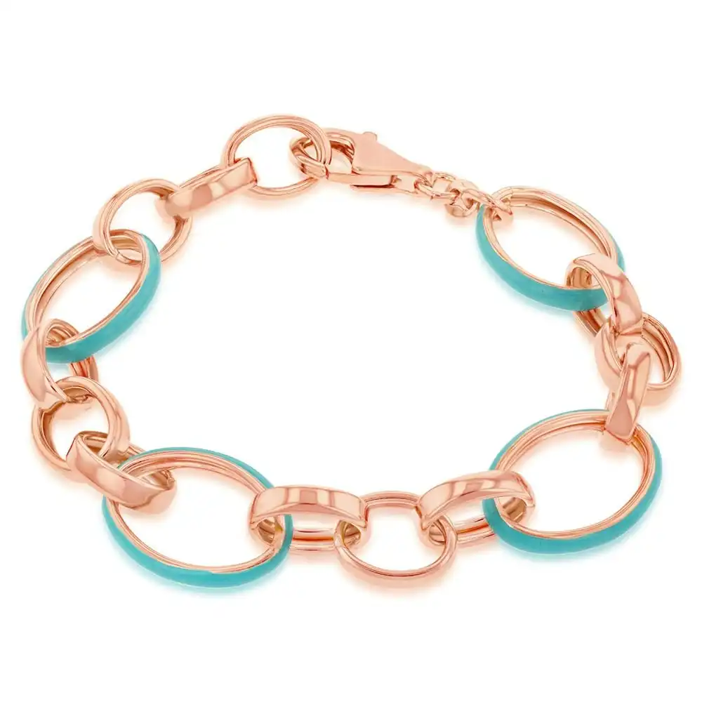 Sterling Silver Rose Gold Plated Blue Eanmel Fancy 19cm Bracelet