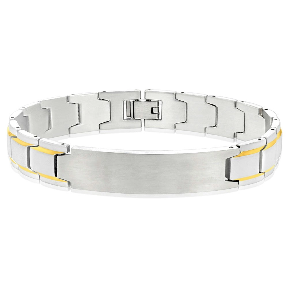 Stainless Steel Gold Stripe With ID Plate 21cm Bracelet