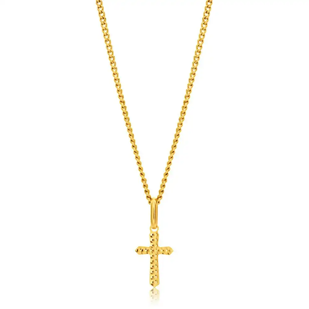 9ct Yellow Gold Plain & Diamond Cut 11mm Cross Pendant