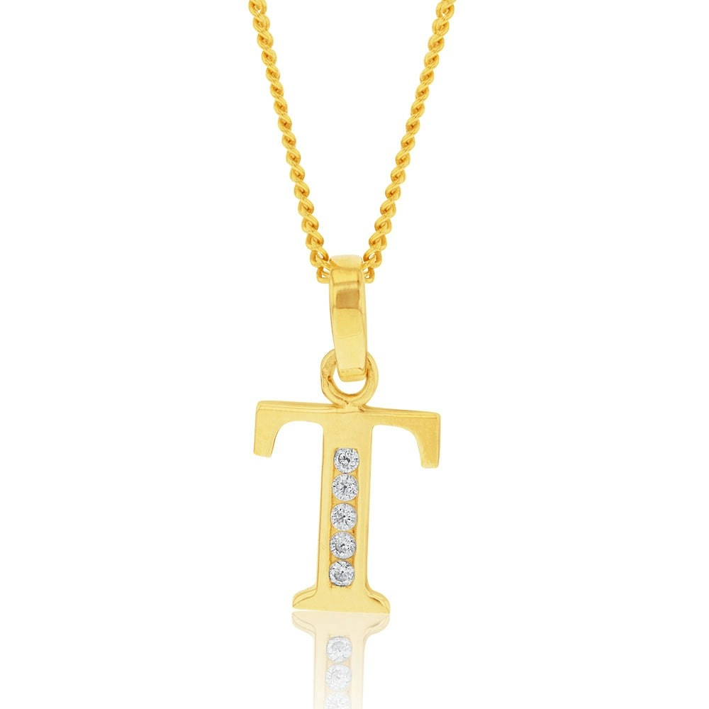 9ct Yellow Gold Initial T Zirconia Pendant