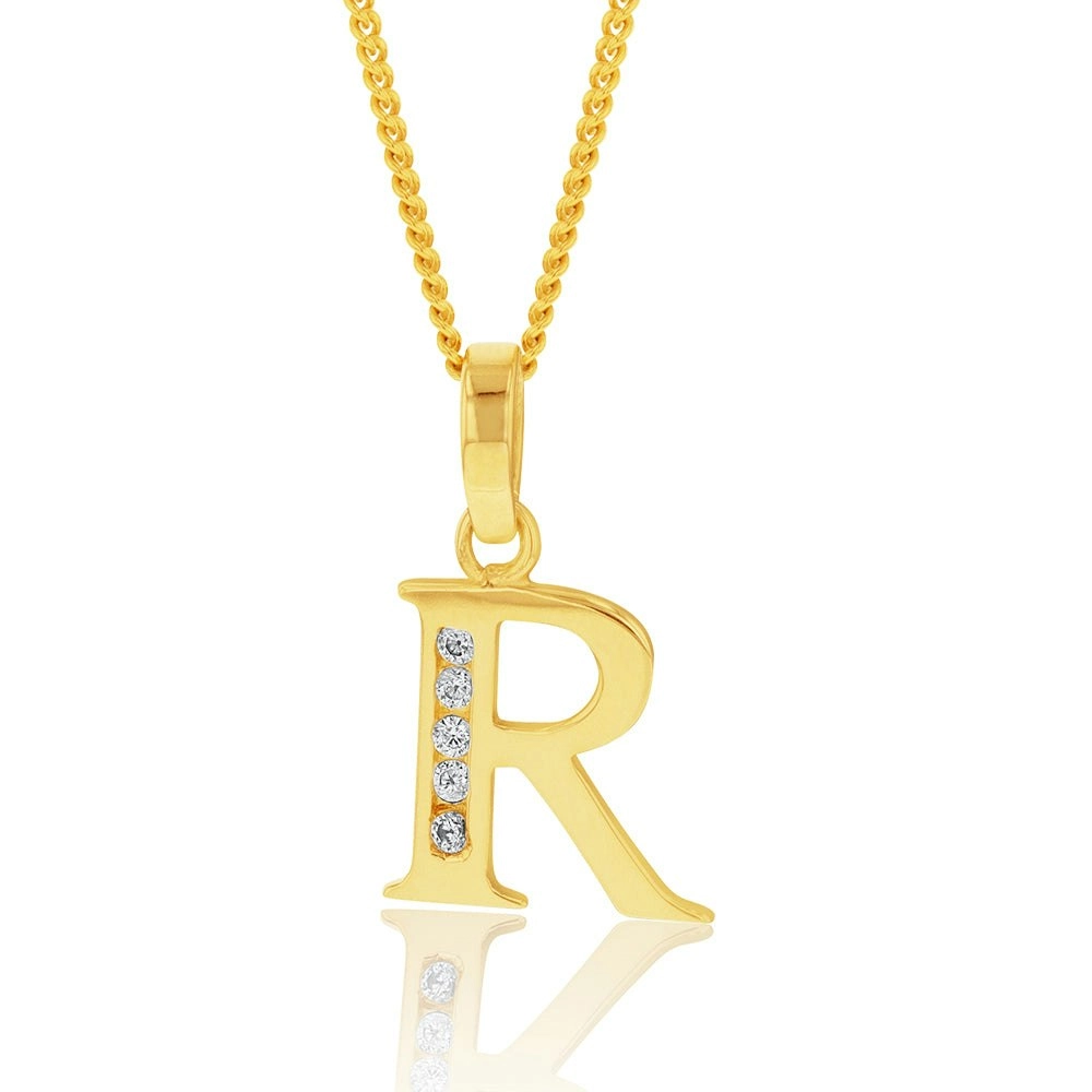 9ct Yellow Gold Initial R Zirconia Pendant