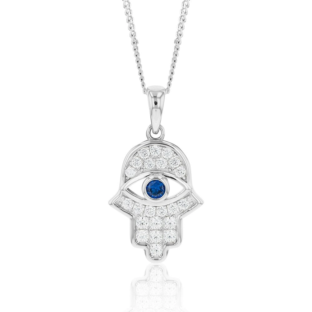 Sterling Silver Cubic Zirconia Hamsa Evil Eye Pendant